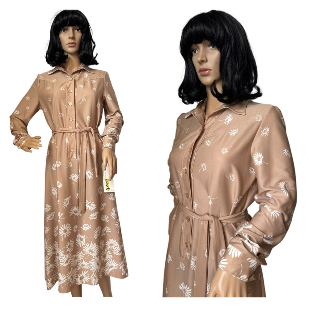 NWT Vintage Just-Mort Floral Khaki Midi collared Dress white daisy print belted